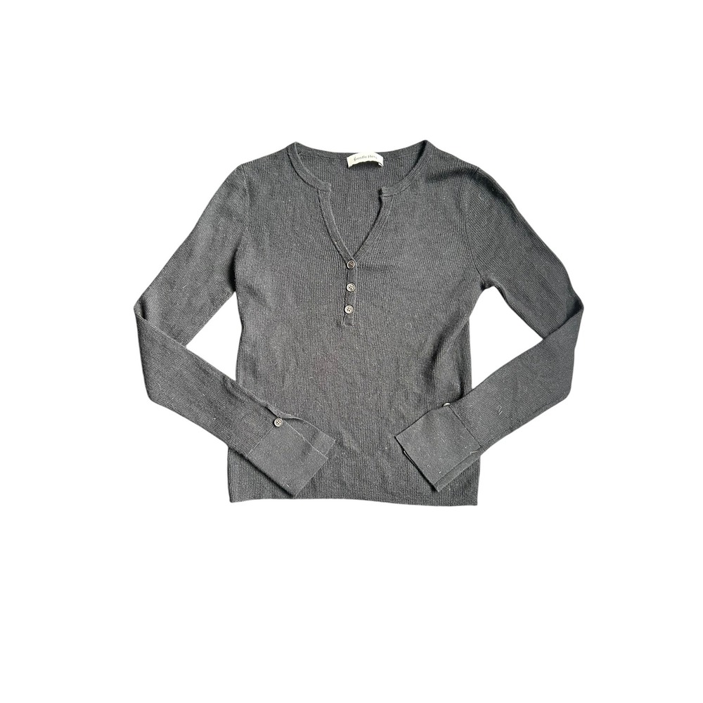 Gentle Herd Black Ribbed Henley‎ Long Sleeve Top Wide Button Cuffs Small